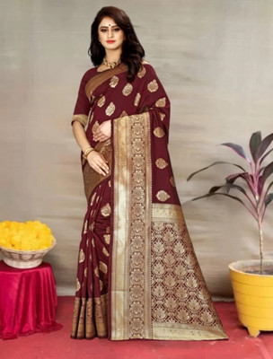 SHRI NAARI Woven Banarasi Handloom Silk Blend Saree(Maroon)