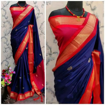 VEERAETHNIC Woven Paithani Cotton Silk Saree(Dark Blue, Red)