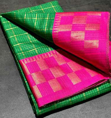JbWorld Checkered, Woven, Self Design, Embellished Chettinadu Jacquard, Cotton Silk Saree(Light Green, Pink)