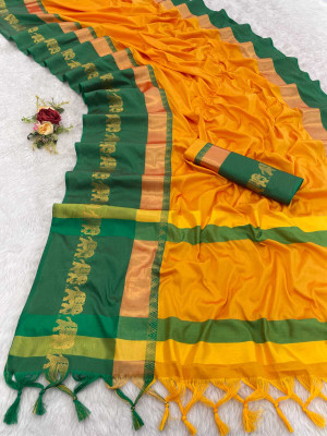 NST5 Solid/Plain, Woven, Animal Print Kanjivaram Cotton Silk Saree(Yellow)