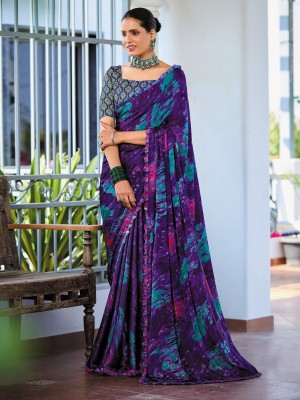 Divastri Printed Bollywood Satin Saree(Purple)