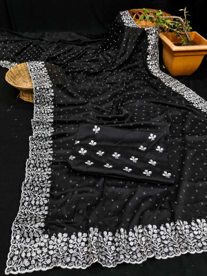STITCH N SOLUS Embroidered Daily Wear Georgette, Chiffon Saree(Black)