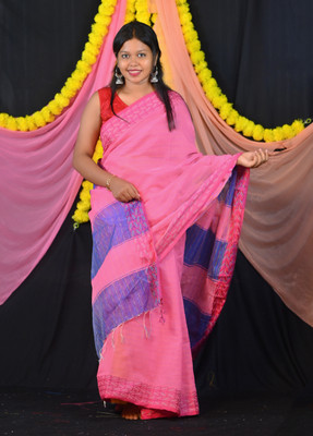 Ahana Textile Printed Handloom Cotton Blend Saree(Pink)