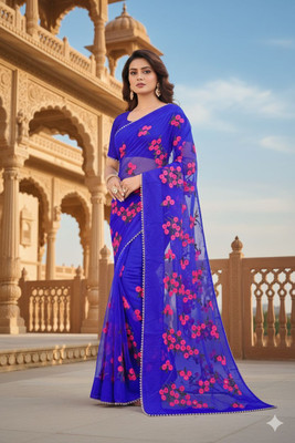 charmi nx Embroidered, Floral Print Bollywood Net Saree(Blue)