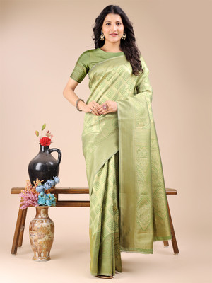 ASTITA Self Design Saree with Attached Blouse Silk Blend Saree(Light Green)