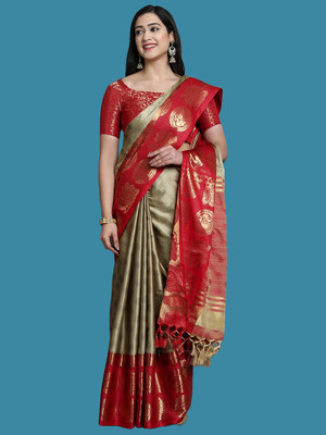 HouseOfCommon Woven Gadwal Art Silk, Jacquard Saree(Beige)