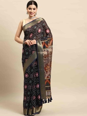 Divastri Digital Print Kalamkari Cotton Blend Saree(Blue)