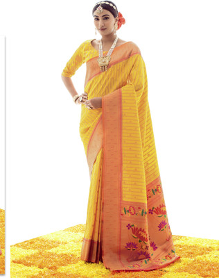 Samah Woven, Embellished, Self Design Banarasi Art Silk Saree(Yellow, Gold, Multicolor)
