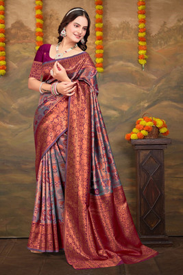 HouseOfCommon Woven Kanjivaram Pure Silk, Silk Blend Saree(Light Blue, Magenta)