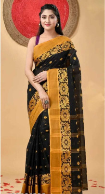 PUJA SHAREE CENTRE Self Design Tant Cotton Blend Saree(Black)