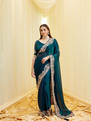 KASEE Embellished, Applique Bollywood Silk Blend Saree(Dark Green)