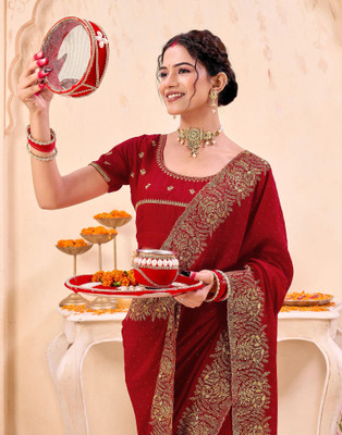 Satrani Embroidered, Embellished Bollywood Silk Blend Saree(Red)