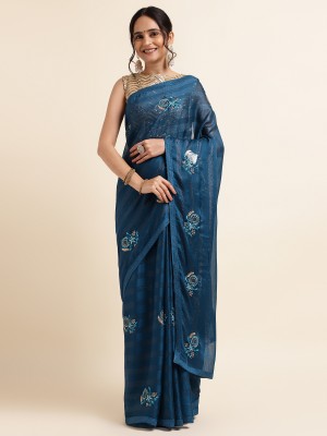FABMORA Embellished, Embroidered Bollywood Chiffon Saree(Blue)