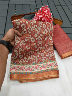 Gajal Digital Print Daily Wear Cotton Linen, Linen Saree(Maroon)