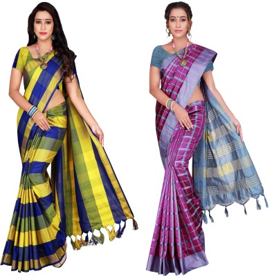 MENFLUNET Checkered Bollywood Cotton Silk Saree(Pack of 2, Multicolor)