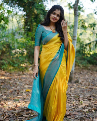 CENTURY CREATION Printed Banarasi Silk Blend Saree(Yellow, Blue)