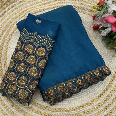 V AMAN FASHION Solid/Plain, Self Design Bollywood Chiffon Saree(Blue)
