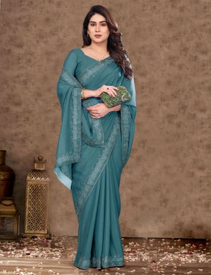 hutah Self Design Bollywood Georgette, Silk Blend Saree(Light Blue)