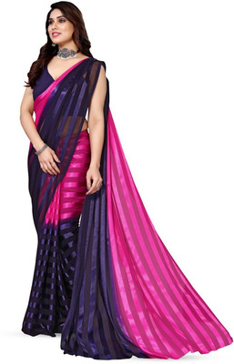 Moda Rapido Self Design, Striped, Embellished Bollywood Satin Saree(Blue)