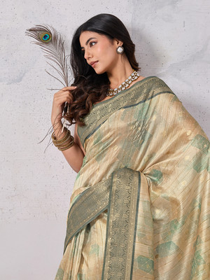 Tasrika Embellished, Geometric Print, Printed, Woven Banarasi Tussar Silk Saree(Pink)