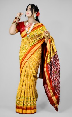 Sijileen Temple Border, Graphic Print, Woven Sambalpuri Art Silk Saree(Mustard)