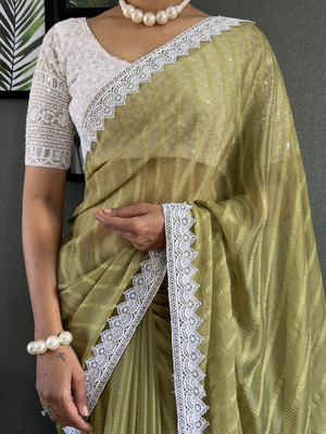 SUDIPTA Striped Bollywood Georgette Saree(Green)