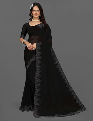 DHRAM CREATION Solid/Plain, Dyed, Embellished, Woven Bollywood Georgette Saree(Black)