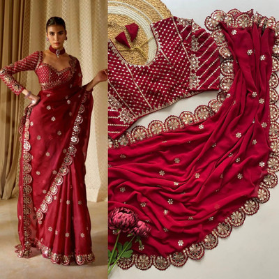 jashvicreation Embroidered Bollywood Georgette Saree(Red)
