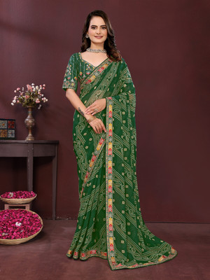 Sasta Bazar Embroidered, Printed Bandhani Georgette Saree(Green)