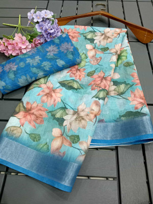 ASHTA Floral Print Kanjivaram Linen Saree(Blue, Multicolor)