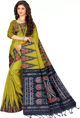 TRFASHIONHUB Printed Sambalpuri Cotton Blend Saree(Light Green, Blue)