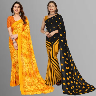 Anand Sarees Floral Print, Polka Print, Ombre, Printed Bollywood Georgette Saree(Pack of 2, Yellow, Black)