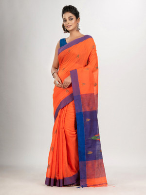 angoshobha Woven Handloom Cotton Blend Saree(Orange)