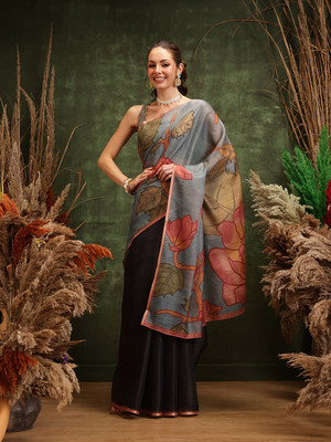 SILK ZONE Digital Print Chanderi Cotton Blend Saree(Multicolor)