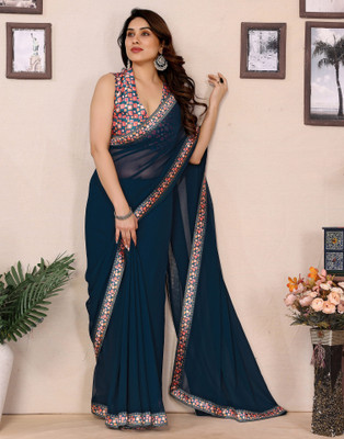 Samah Embellished, Solid/Plain Bollywood Georgette, Chiffon Saree(Blue)