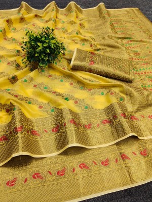 Bansari Textiles Self Design Banarasi Cotton Silk, Jacquard Saree(Yellow)