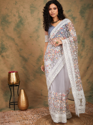 manvaa Embroidered Bollywood Net Saree(Grey)