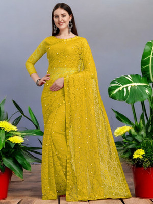 NORAFLEX Embroidered Bollywood Net Saree(Yellow)