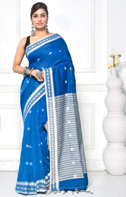 matri textile Woven Handloom Pure Cotton Saree(Light Blue)