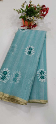 SareeFusion Striped, Embroidered Kota Doria Cotton Linen Saree(Pink, Light Green, Orange, Light Blue, Cream)