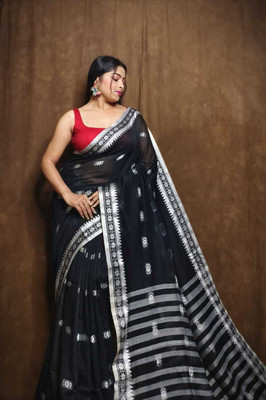 Ganesh fashion textile Woven Jamdani Cotton Silk Saree(Black)