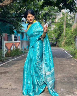 Rudr Venture Self Design Banarasi Cotton Silk Saree(Blue)