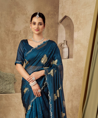 Samah Woven, Embellished Bollywood Silk Blend Saree(Blue)
