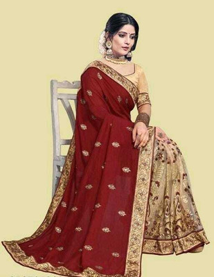 riddhisa fashion Embroidered Bollywood Net Saree(Maroon)