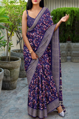 JERAVI Enterprise Floral Print, Woven Leheria Linen Saree(Purple)
