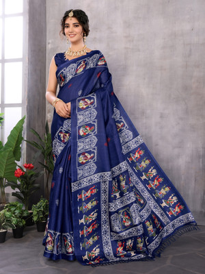 YASHIKA Printed Kalamkari Art Silk Saree(Blue)