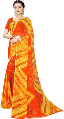 Saadhvi Floral Print Bandhani Georgette Saree(Orange)