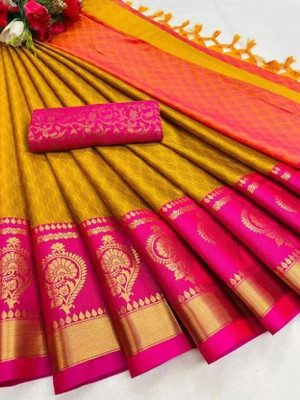 KanjiQueen Woven Kanjivaram Cotton Silk, Silk Blend Saree(Pink, Yellow)