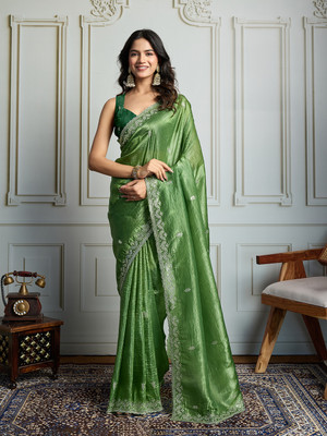 House of Pataudi Embroidered Saree with Attached Blouse Art Silk Saree(Green)