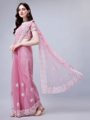 harlin Embroidered Bollywood Net Saree(Pink)